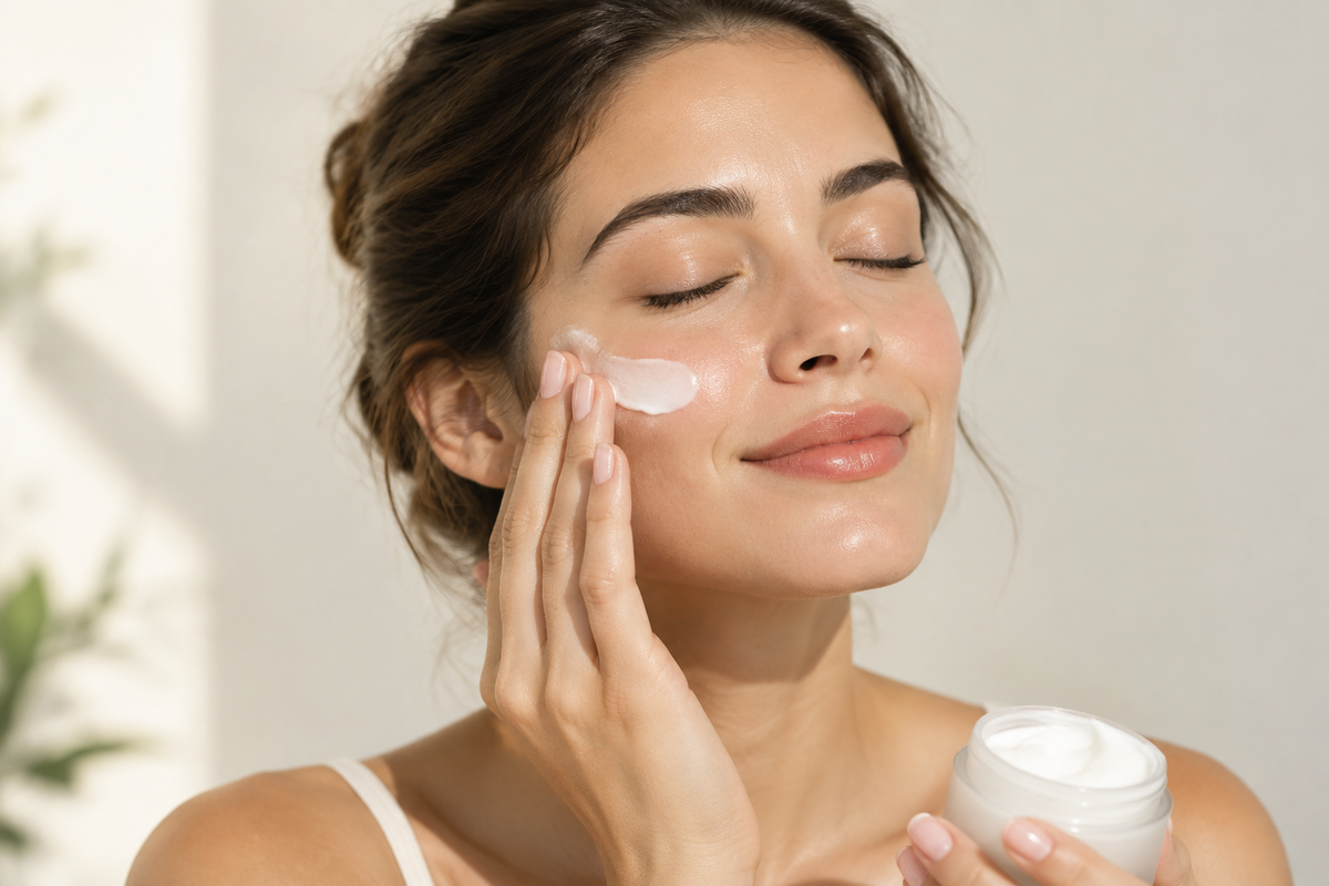 Whipped shea butter body moisturiser being smoothed onto damp skin after a shower